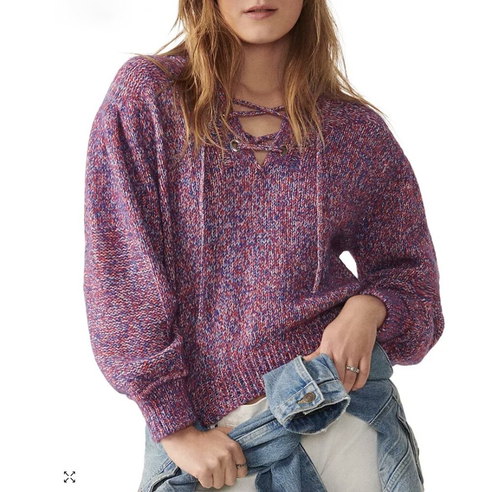 ba&sh Womens Tibo Flecked Lace-Up Knitted Sweater Small Marled Long Slee…